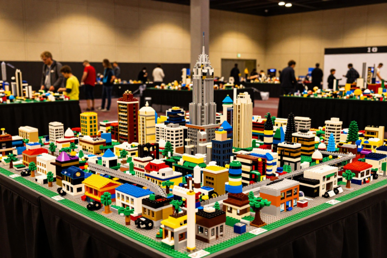 Detailed LEGO city display on a table at an indoor fan convention