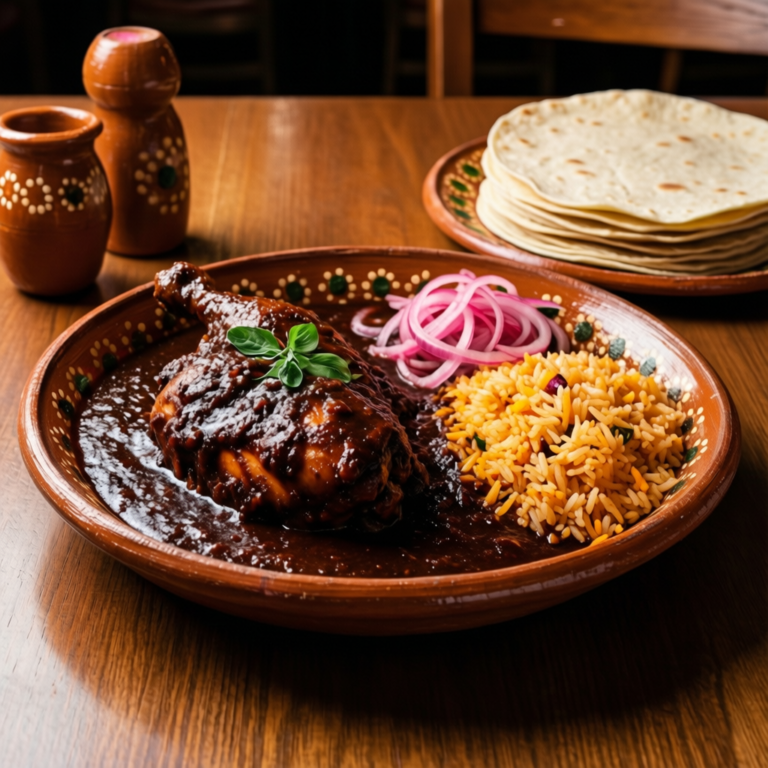 Plate of chicken in mole with rice, pickled onions and a stack of corn tortillas