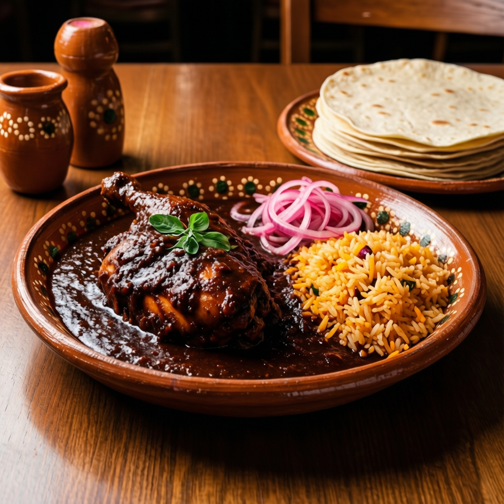 Plate of chicken in mole with rice, pickled onions and a stack of corn tortillas