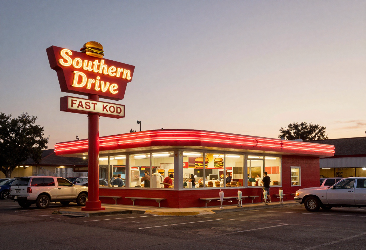 Classic Southern drive-in fast food restaurant with red and gold signage at dusk