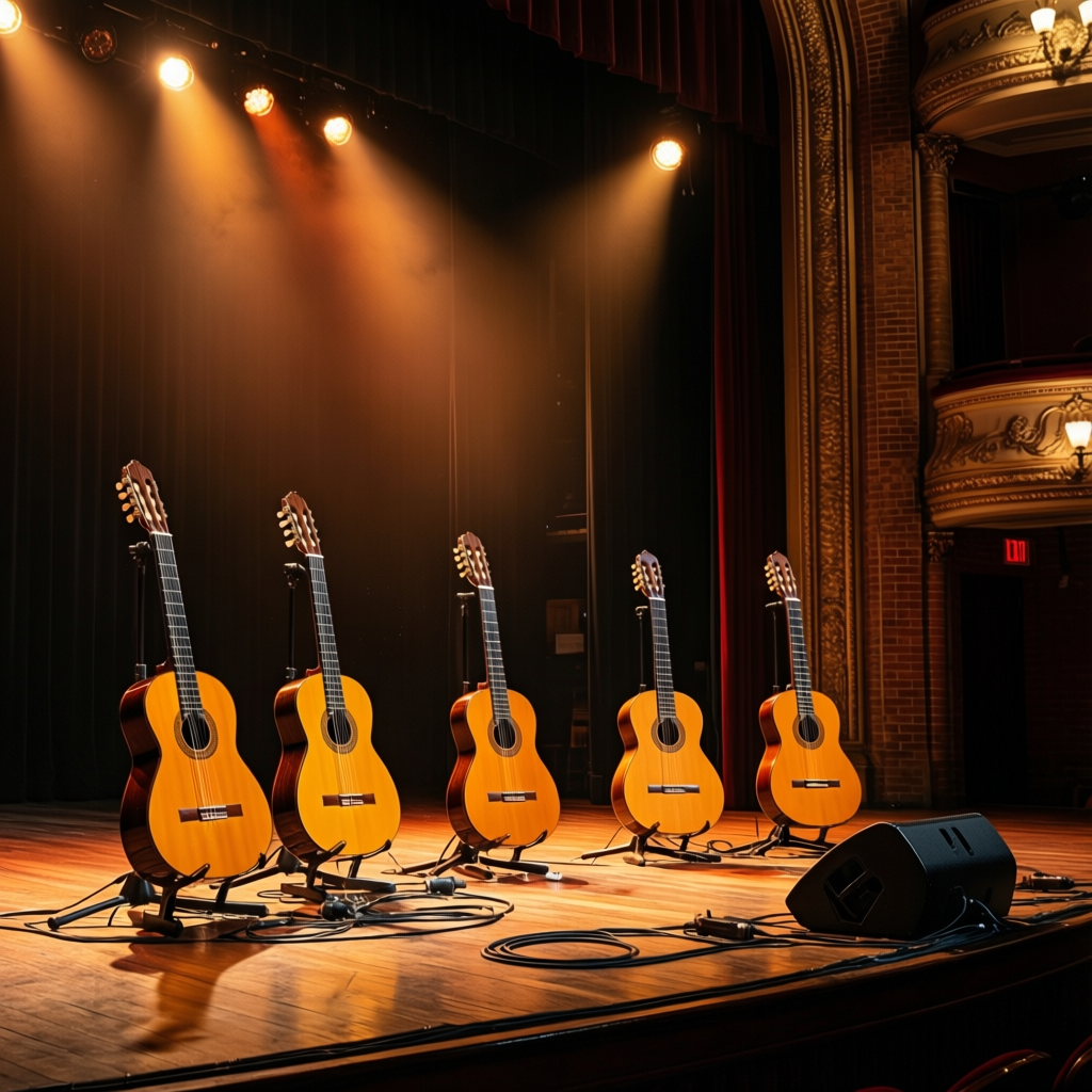 Acoustic guitars lined up on a lit theater stage before a performance