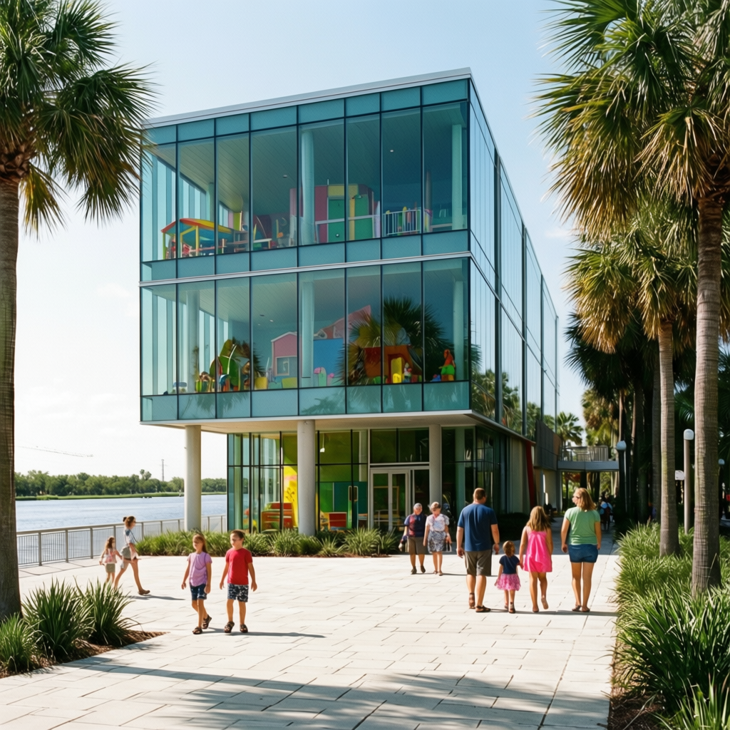 The glass-walled Glazer Children's Museum on the Tampa Riverwalk with families outside