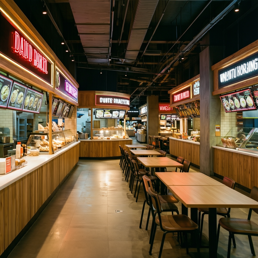 Interior of a food hall with multiple vendor counters and communal wooden tables