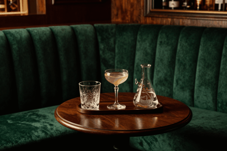 Illustrative dim, velvet-booth cocktail lounge with etched glassware and a beaker-style cocktail presentation on a dark wood table — a generated image standing in because no rights-clear real photo of Jekyll's interior was found.