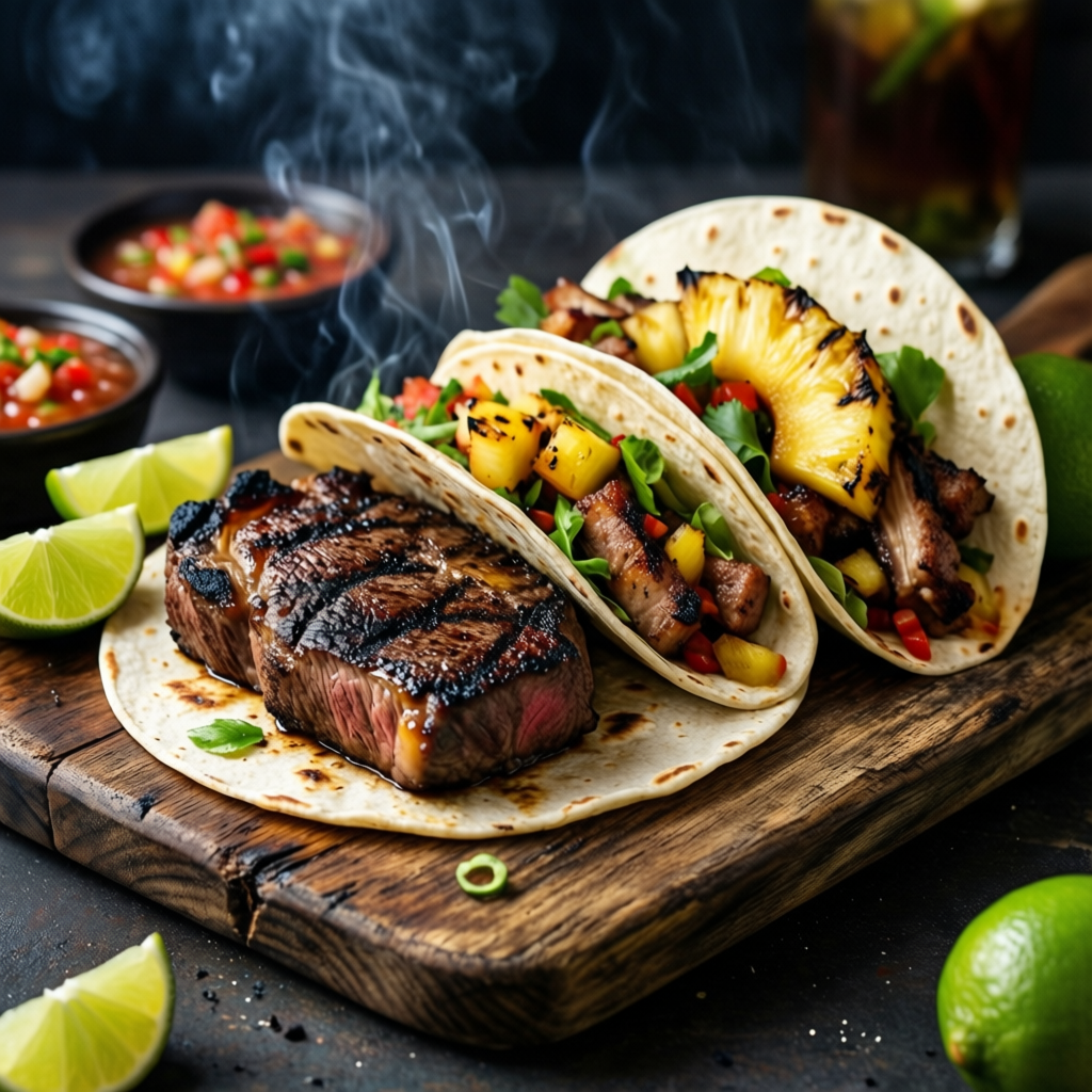 Grilled steak and pork tacos with pineapple and salsa on a wooden board