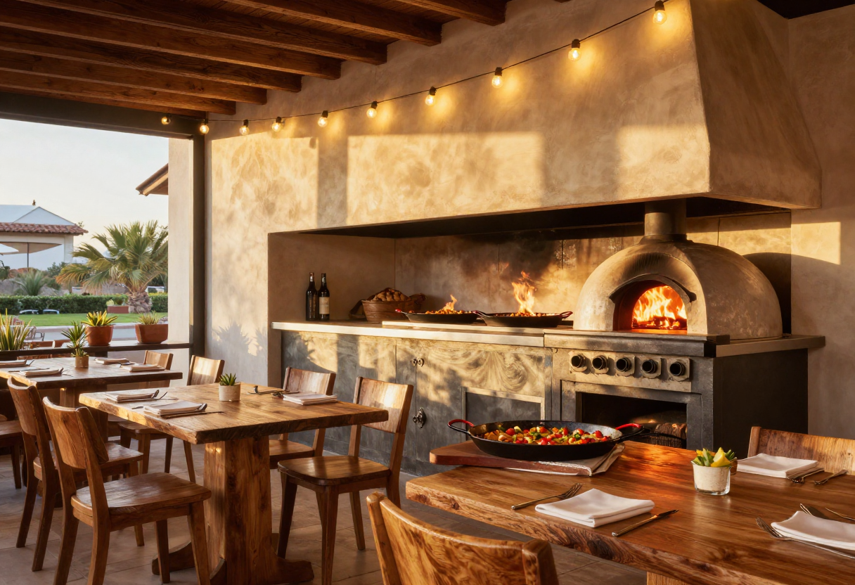 Wood-fired Spanish restaurant interior with glowing open kitchen and rustic wood tables