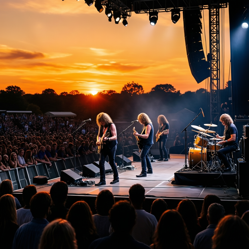 Four-piece rock band performing on an outdoor stage at sunset before a seated crowd