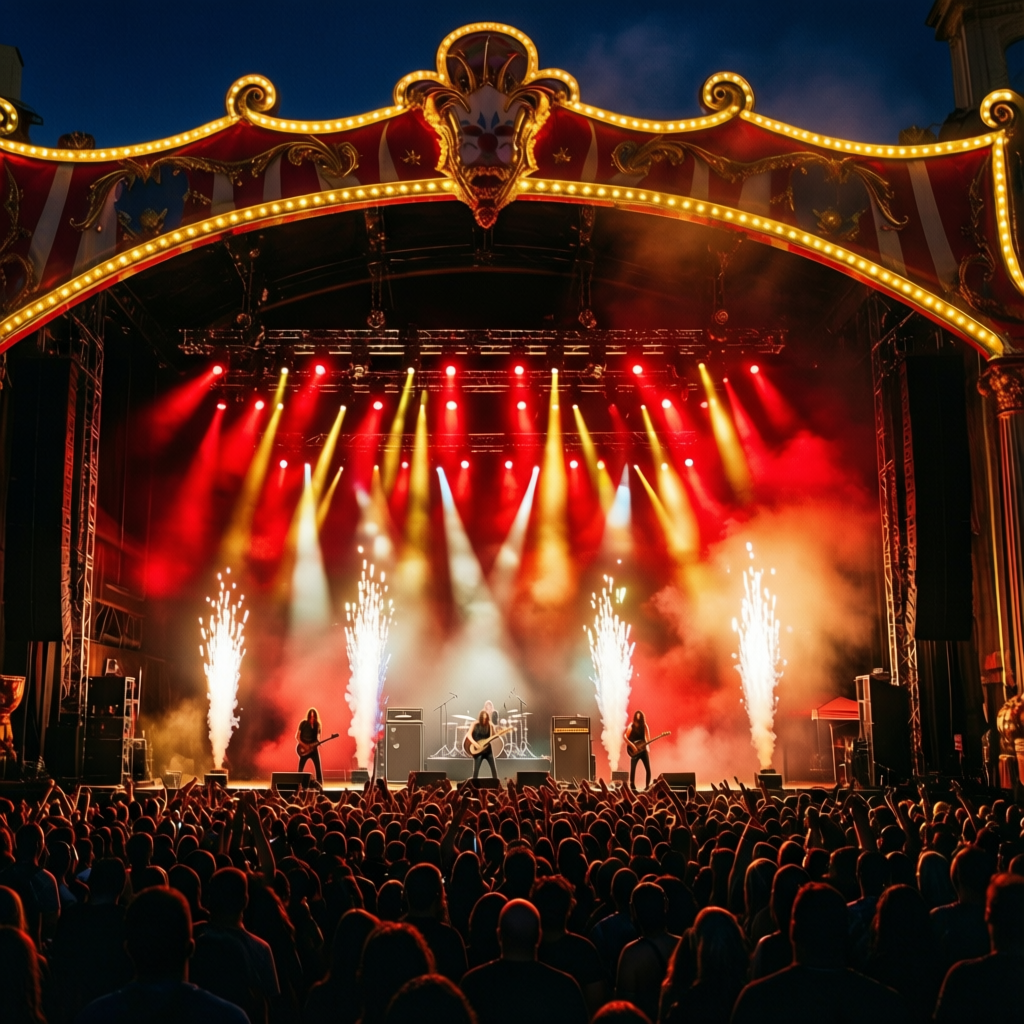 Ornate concert stage lit red and gold with pyrotechnics firing above the audience