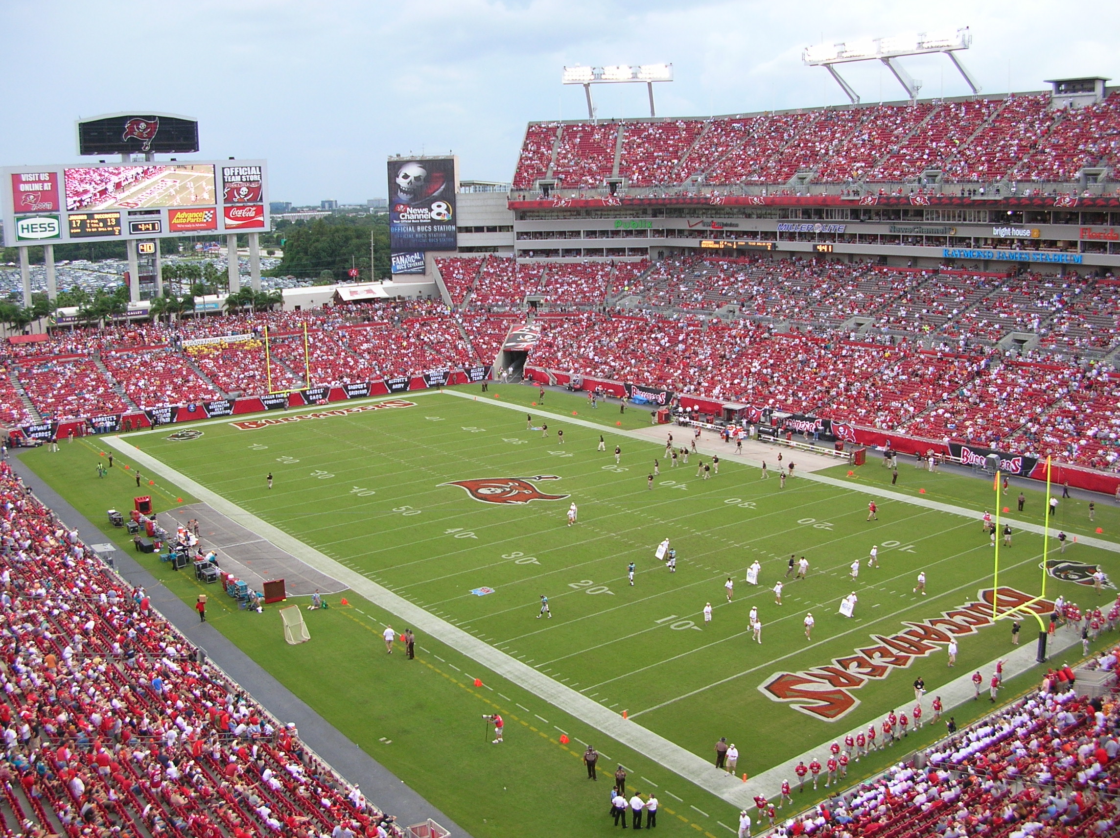 Exterior view of Raymond James Stadium in Tampa, home of the Buccaneers.