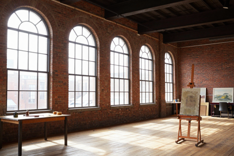 Illustrative interior of a converted early-1900s brick cigar factory building with tall arched windows and an artist's easel — a generated image standing in because no rights-clear photo of the actual Santaella Studios interior was found.