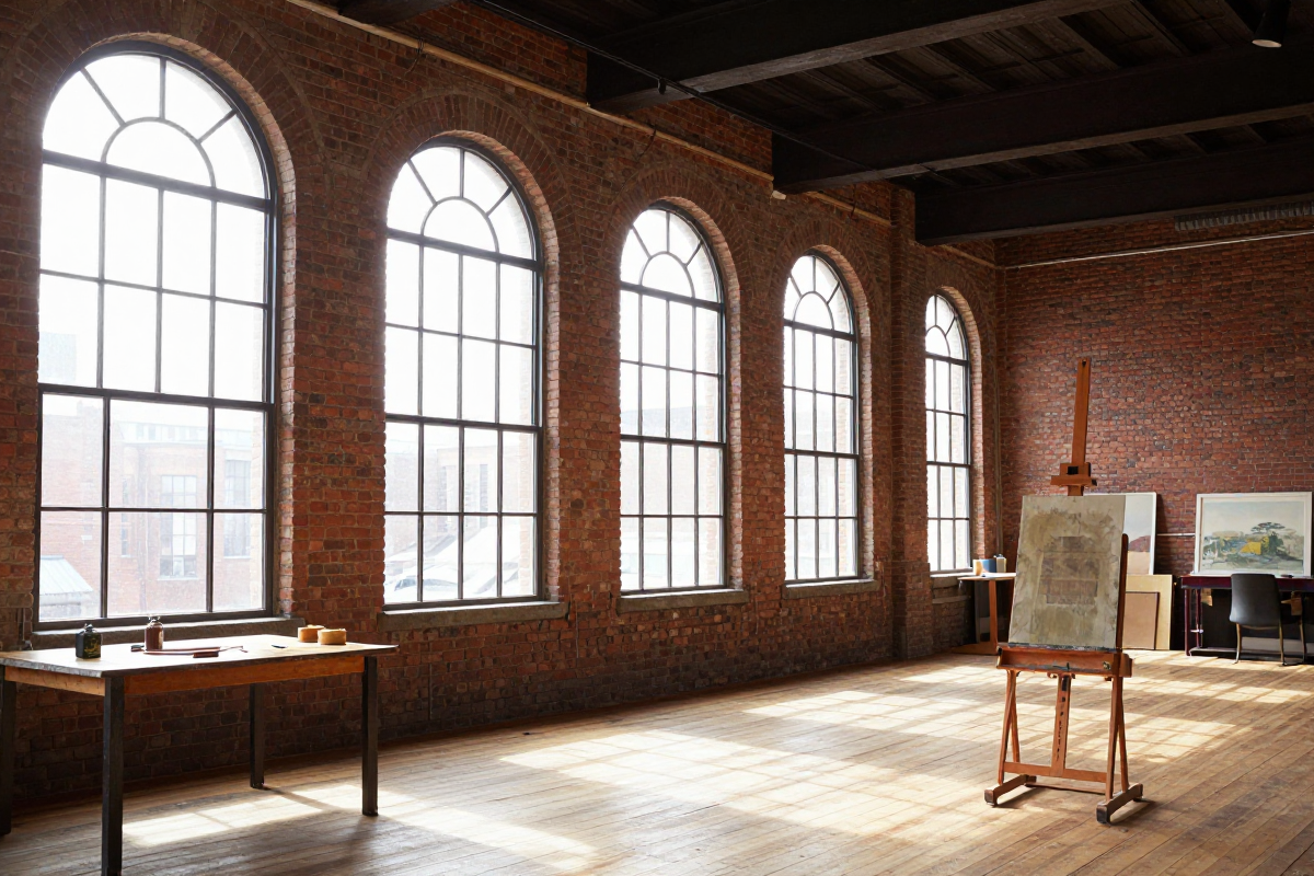 Illustrative interior of a converted early-1900s brick cigar factory building with tall arched windows and an artist's easel — a generated image standing in because no rights-clear photo of the actual Santaella Studios interior was found.