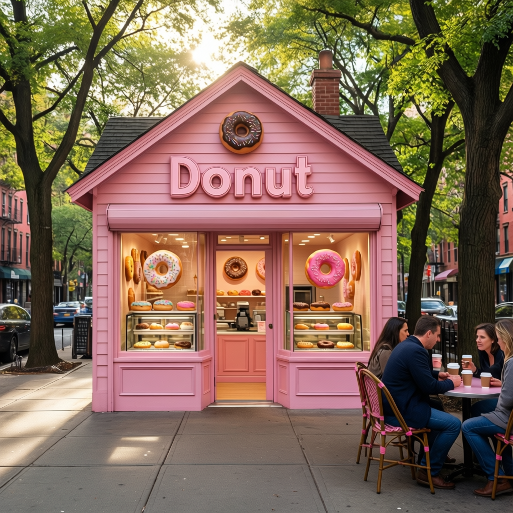 Small pink donut shop with a lit display case and customers at sidewalk tables