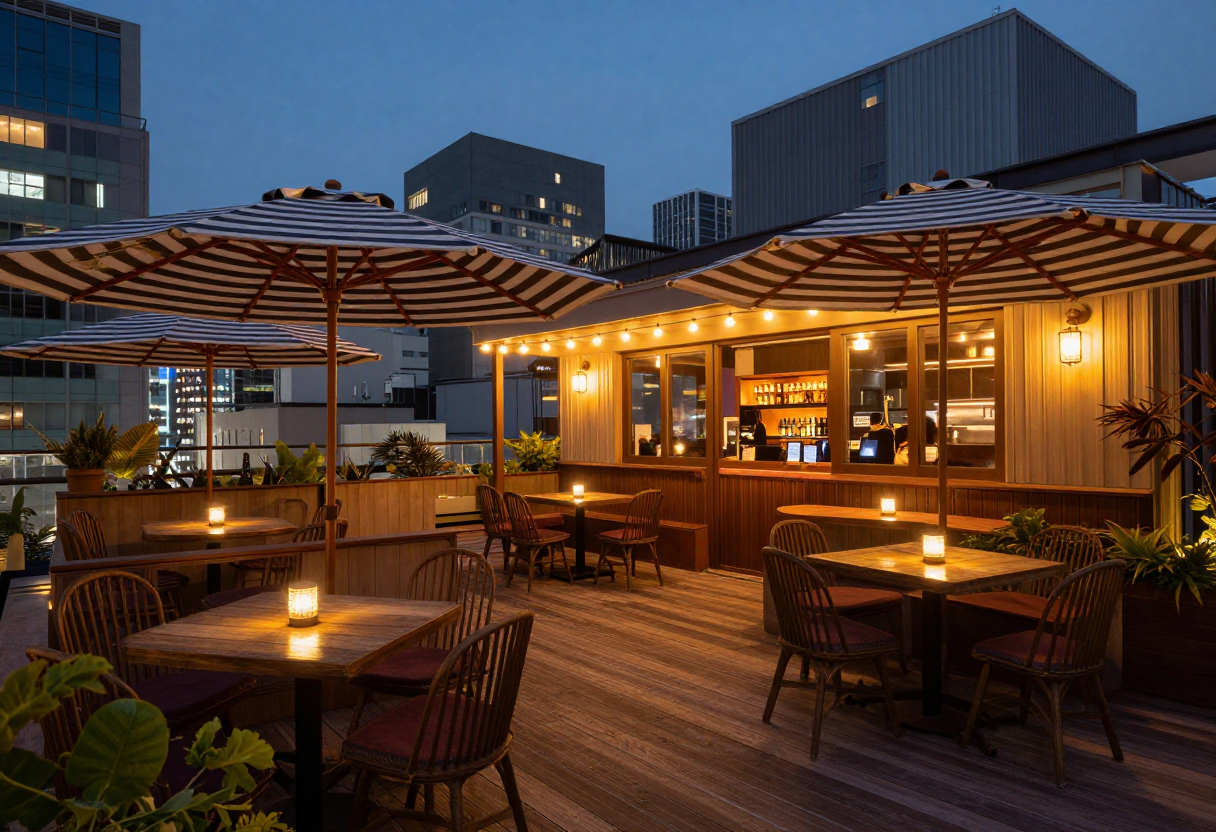 Illustrative rendering of a retro rooftop lounge at dusk with striped umbrellas and string lights — not a photo of the actual venue, which has not opened yet.