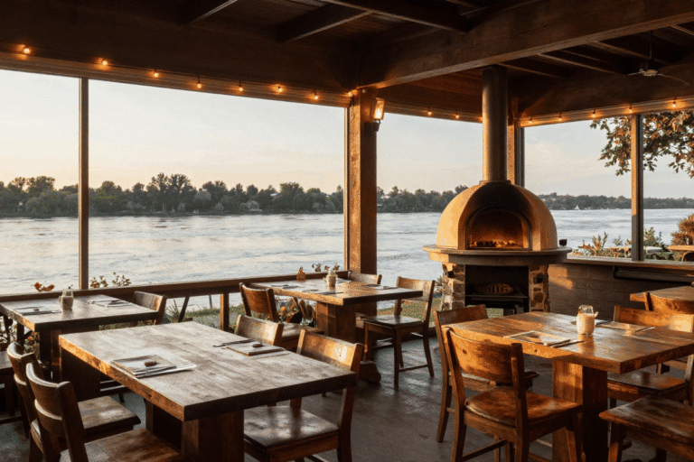 Illustrative riverfront restaurant patio at golden hour with a wood-fired oven and rustic wood tables overlooking a calm river — a generated image standing in because no rights-clear real photo of Ulele's dining room or brewhouse interior was found.