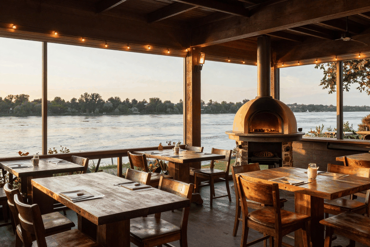 Illustrative riverfront restaurant patio at golden hour with a wood-fired oven and rustic wood tables overlooking a calm river — a generated image standing in because no rights-clear real photo of Ulele's dining room or brewhouse interior was found.