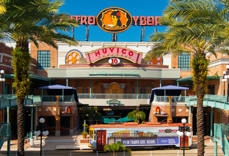 Centro Ybor entertainment complex with a historic TECO streetcar parked out front, Ybor City, Tampa