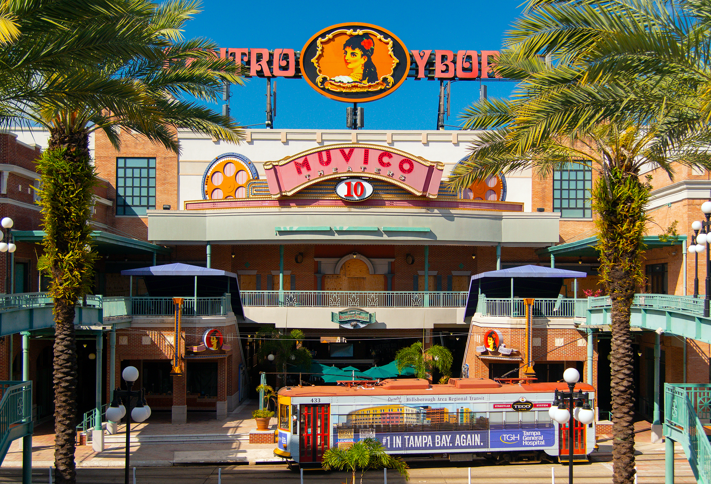 Centro Ybor entertainment complex with a historic TECO streetcar parked out front, Ybor City, Tampa