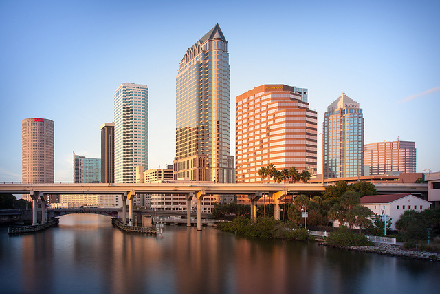 Downtown Tampa skyline at golden hour seen across the Hillsborough River