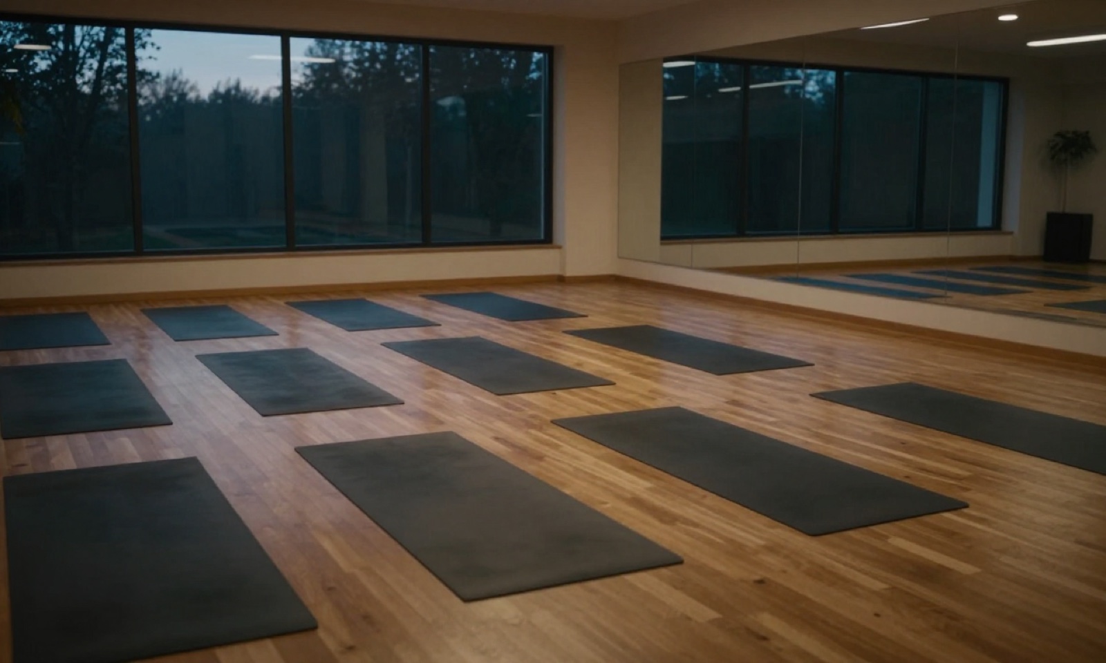 An empty yoga studio with mats laid out on a wood floor at dusk
