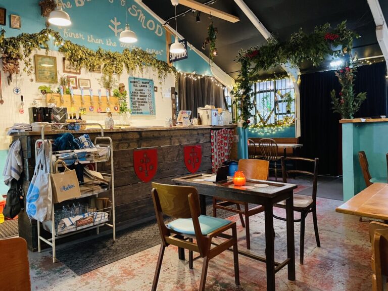 A brewery taproom interior, representative image